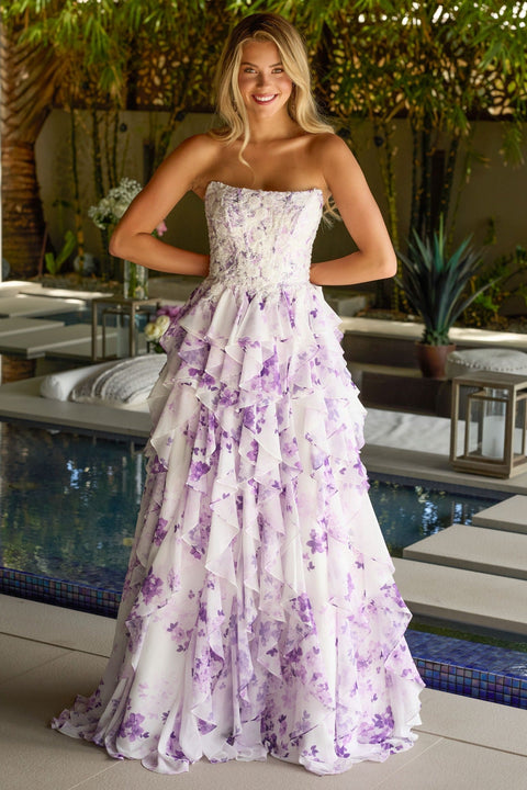 Ava Presley 47145 floral print gown with flowing ruffle skirt