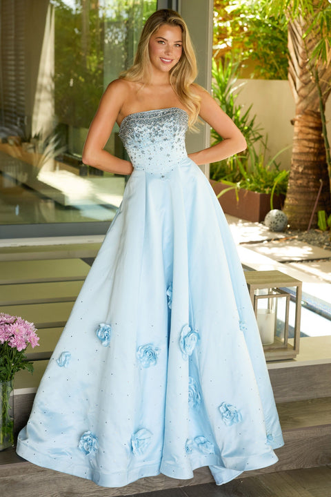 Ava Presley 26532 formal gown with 3D floral appliqués on full skirt