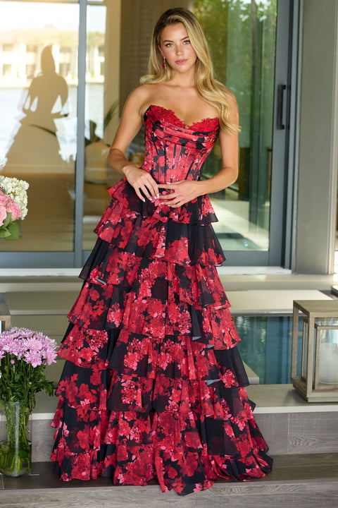 Ava Presley 47108 romantic evening dress with tiered ruffle skirt