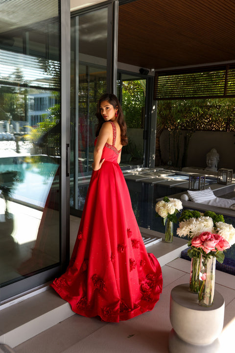 Ava Presley 29536 dramatic ball gown with 3D floral details