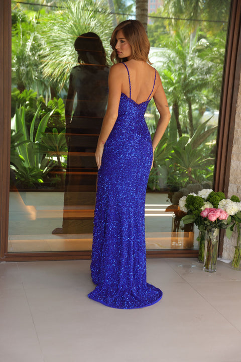 Ava Presley 47147 formal dress with deep V-neck and shimmer