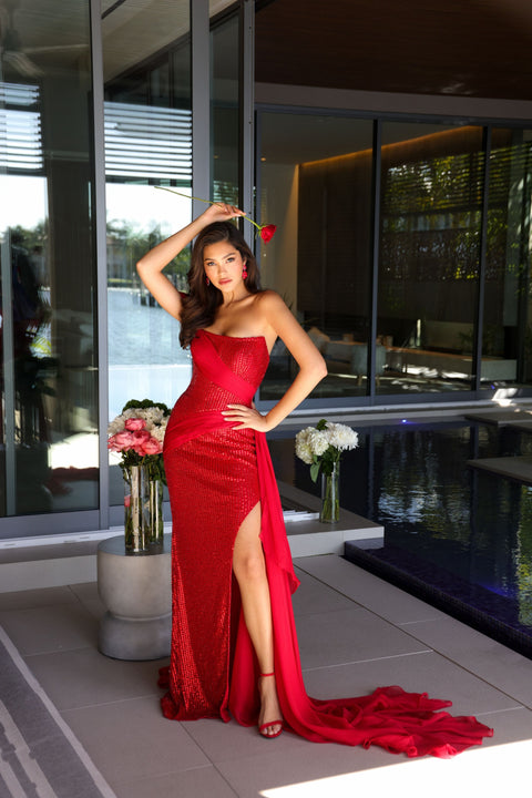 Ava Presley 47124 elegant gown with corset bodice and shimmer