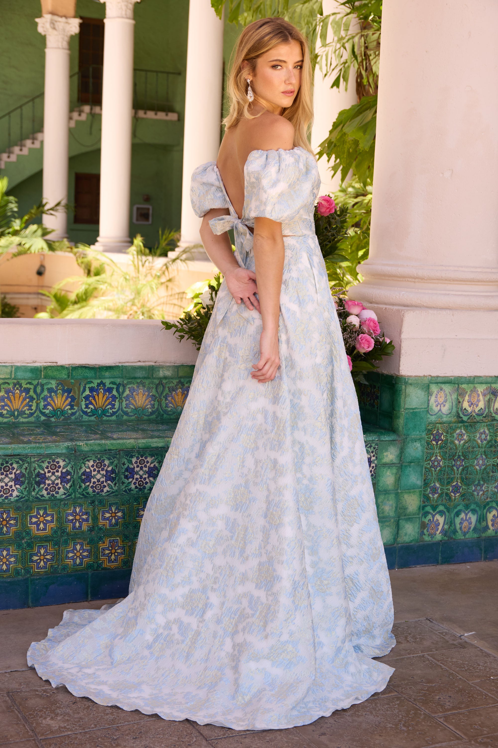 SOBRE フラワープリントドレス Ava Presley 42267 Off Shoulder Gown with Puff Sleeves