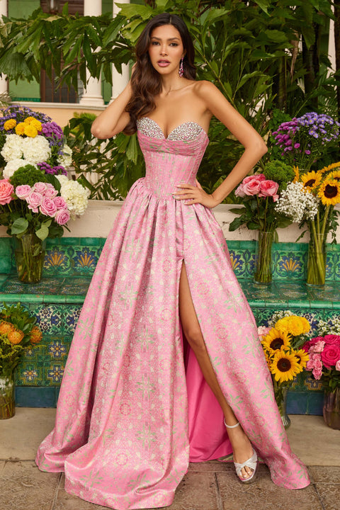 Ava Presley 42318 - Bask waist Brocade Ballgown