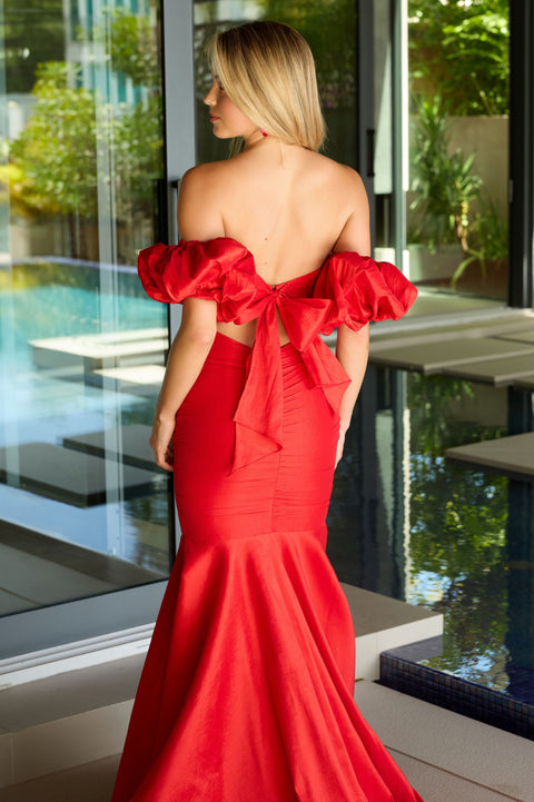 Ava Presley 47172 red carpet gown with open back and bow