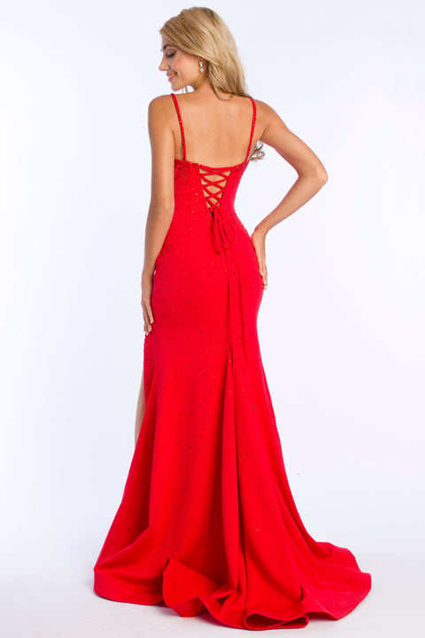 Ava Presley 37330 - Lace Up Slit Evening Gown