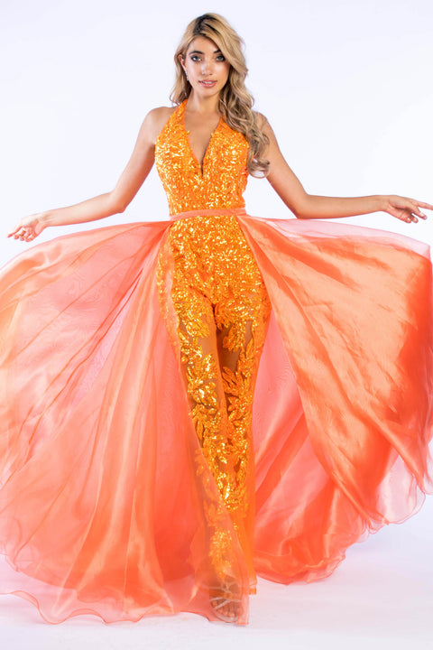 Ava Presley 37381 - Beaded Halter Jumpsuit with Overskirt