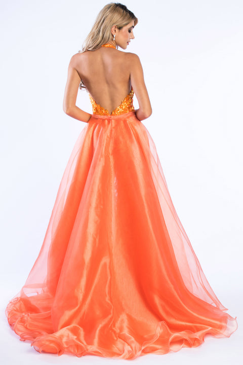 Ava Presley 37381 - Beaded Halter Jumpsuit with Overskirt