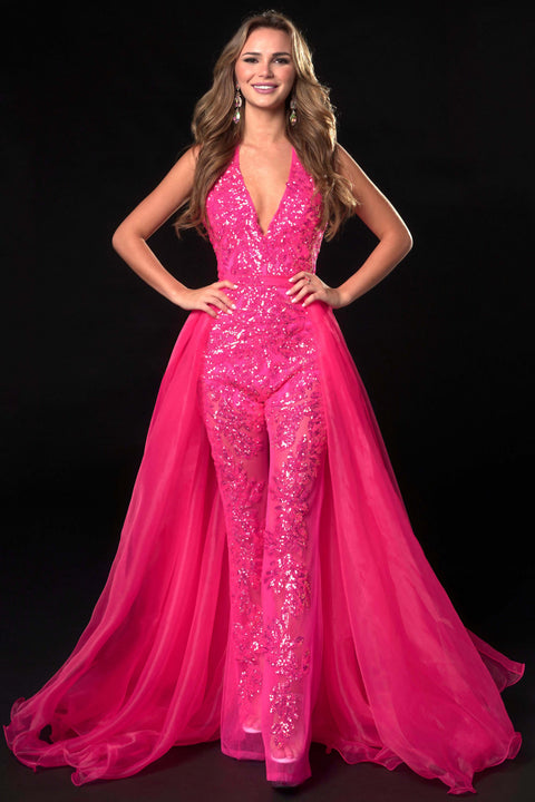 Ava Presley 37381 - Beaded Halter Jumpsuit with Overskirt