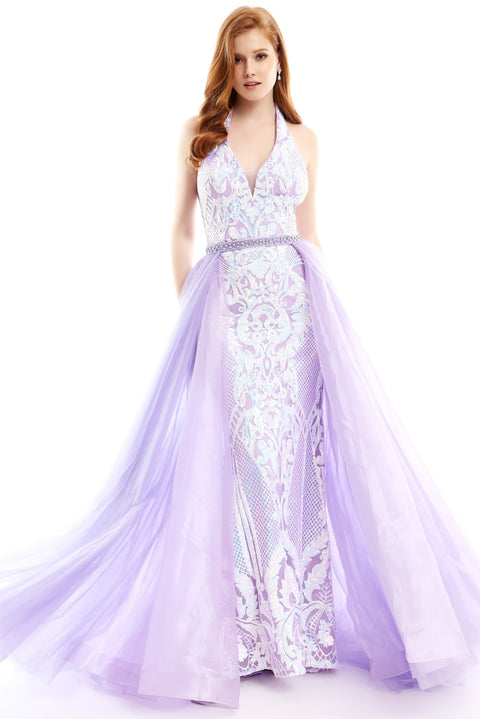 Ava Presley 35755 - Halter Lace Gown with Overskirt