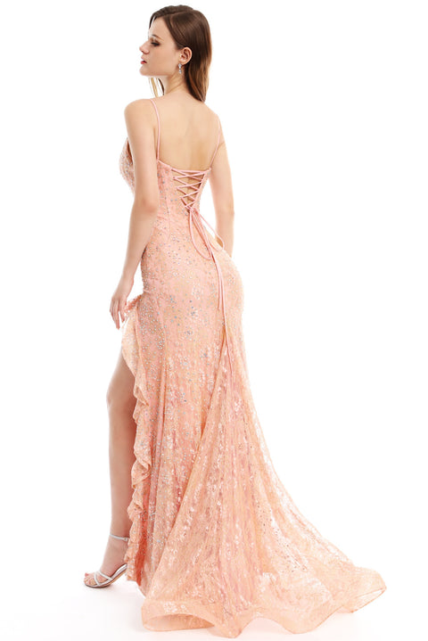 Ava Presley 36021 - Beaded Lace High Slit Prom Gown