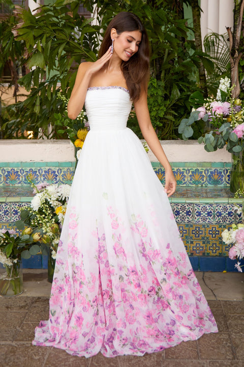 Ava Presley 43001 - Floral Print Strapless Flowing Evening Gown