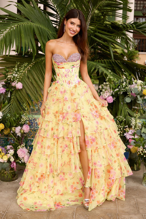 Ava Presley 43034 - Floral Print Tiered Ruffle Corset Prom Gown