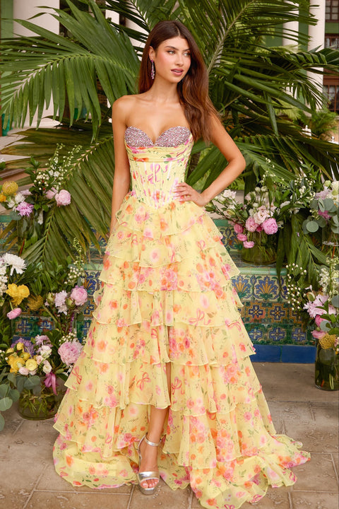 Ava Presley 43034 - Floral Print Tiered Ruffle Corset Prom Gown
