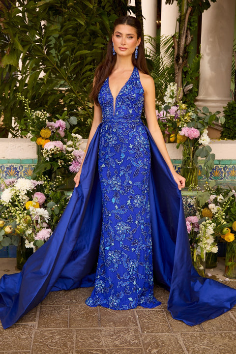 Ava Presley 47421 - Floral Beaded Halter Gown with Overskirt