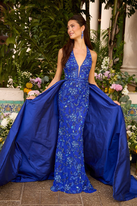Ava Presley 47421 - Floral Beaded Halter Gown with Overskirt