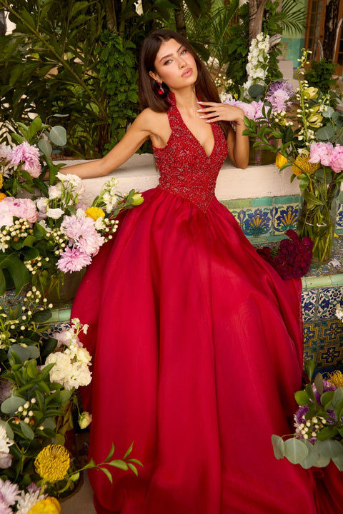 Ava Presley 47425 - Embellished Halter Neck Flowing Ball Gown