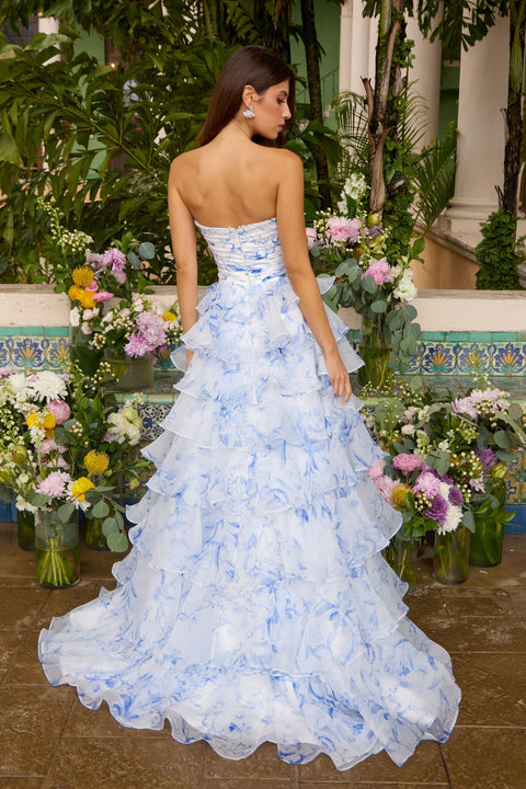 Ava Presley 47483 - Strapless Floral Print Tiered Ruffle Gown