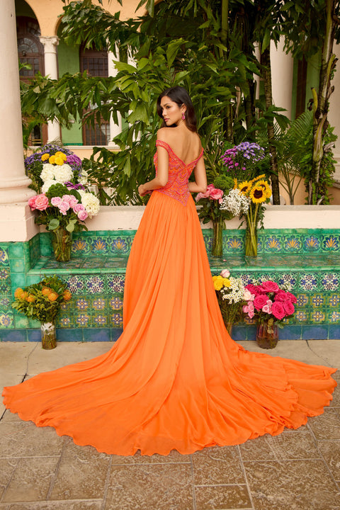 Ava Presley 47254 formal gown with elegant off shoulder sleeves