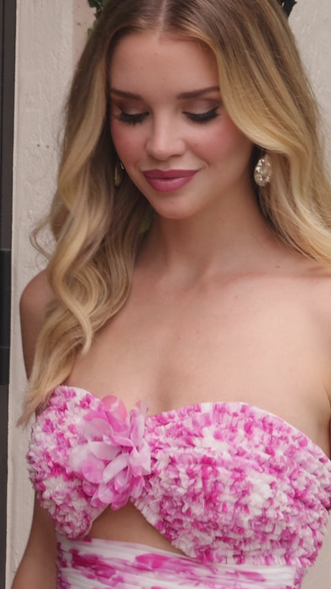 Ava Presley 40026 pink floral strapless dress with romantic silhouette