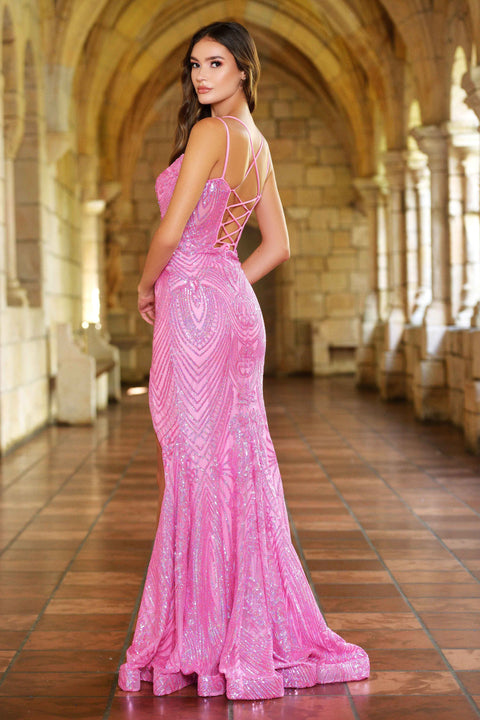 Ava Presley 38850 formal dress featuring intricate beadwork and high slit