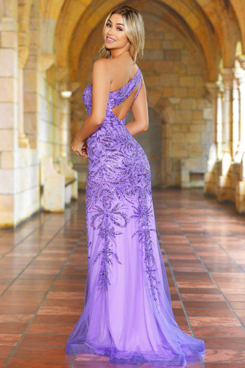 Ava Presley 38829 - One Shoulder Beaded High Slit Gown