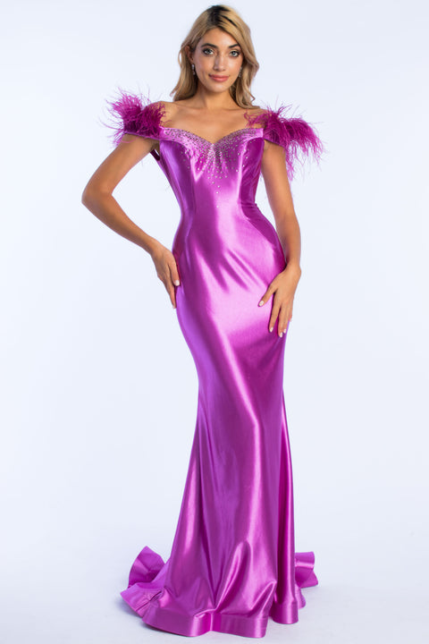 Ava Presley 37310 - Feather Off Shoulder Mermaid Gown