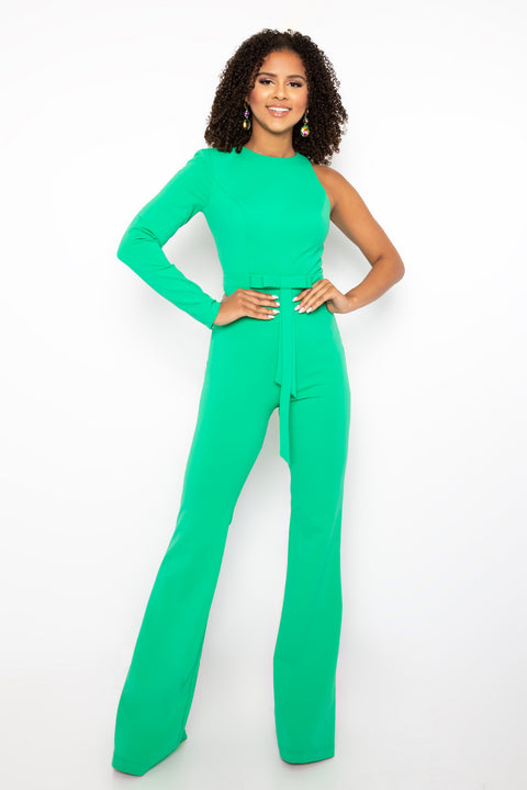 Ava Presley 38554 one shoulder belted jumpsuit