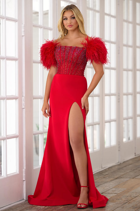 Ava Presley 39279 - Feather Sleeve Beaded High Slit Dress
