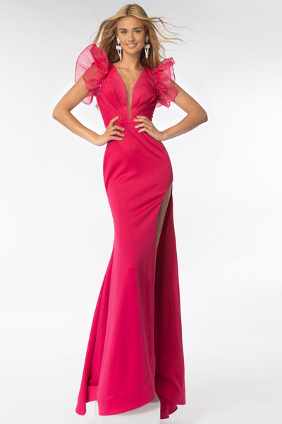 Ava Presley 39307 Jersey Gown with Ruffle Shoulder