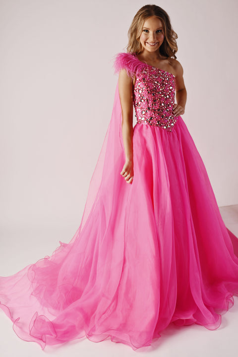 Ava Presley 38022 one shoulder feather gown