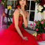 Ava Presley 29530 red gown with sheer corset bodice and floral detail