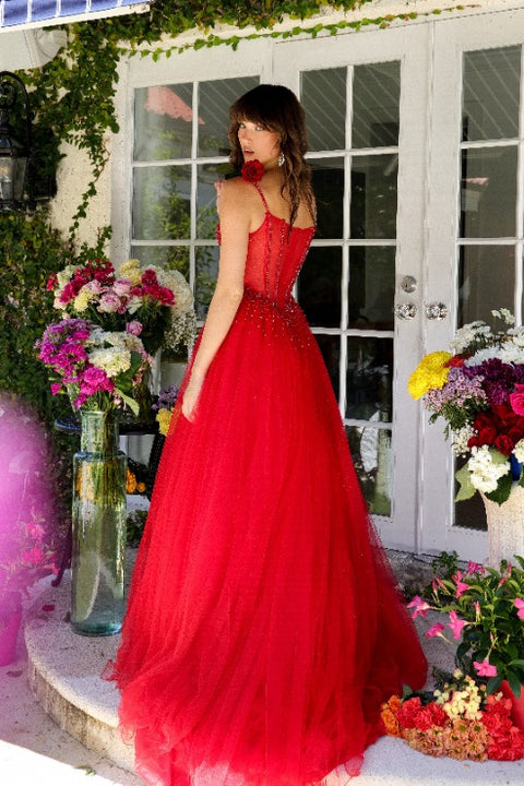 Ava Presley 29530 elegant red dress with structured bodice and flower accent