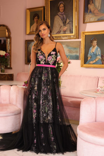 Ava Presley 47013 Black Floral Gown with Pink Waistband