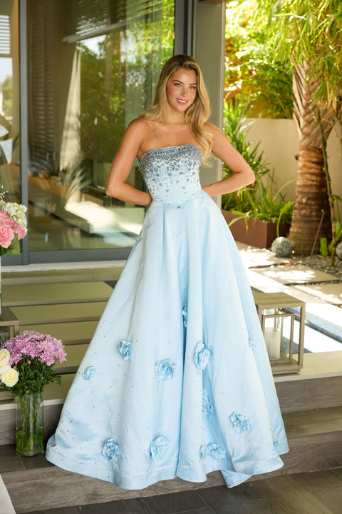 Ava Presley 26532 formal gown with 3D floral appliqués on full skirt