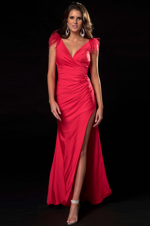 Ava Presley 37324 - Feather Shoulder Slit Evening Gown