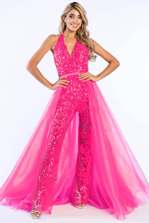Ava Presley 37381 - Beaded Halter Jumpsuit with Overskirt