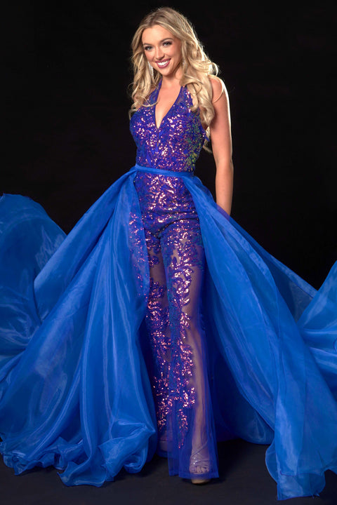 Ava Presley 37381 - Beaded Halter Jumpsuit with Overskirt