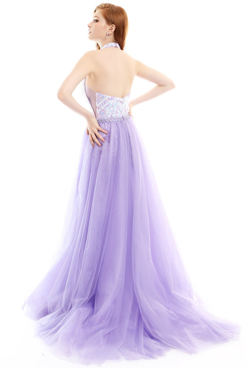 Ava Presley 35755 - Halter Lace Gown with Overskirt