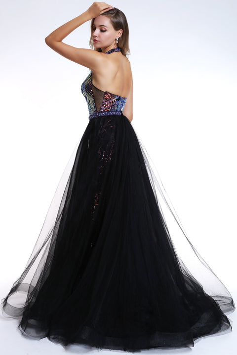 Ava Presley 35755 - Halter Lace Gown with Overskirt