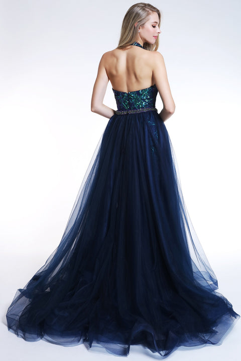 Ava Presley 35755 - Halter Lace Gown with Overskirt