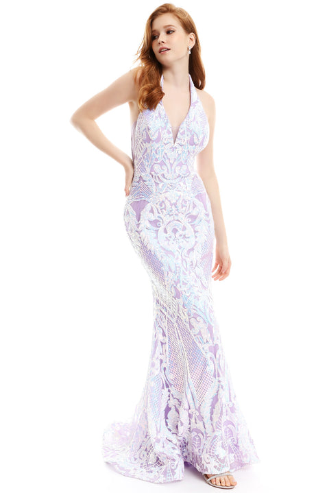 Ava Presley 35755 - Halter Lace Gown with Overskirt