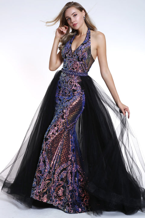 Ava Presley 35755 - Halter Lace Gown with Overskirt
