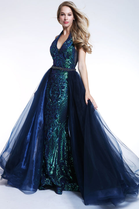 Ava Presley 35755 - Halter Lace Gown with Overskirt