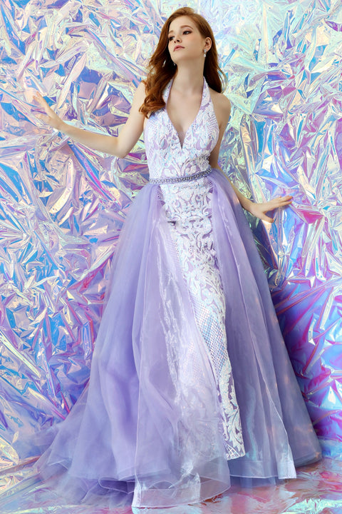 Ava Presley 35755 - Halter Lace Gown with Overskirt