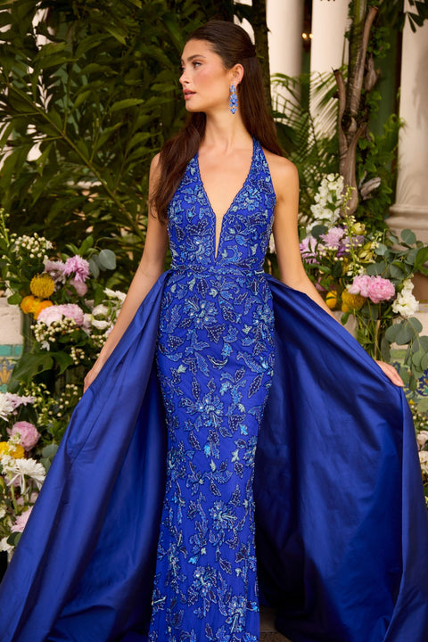 Ava Presley 47421 - Floral Beaded Halter Gown with Overskirt