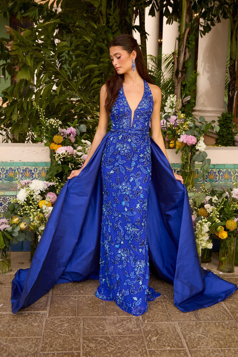 Ava Presley 47421 - Floral Beaded Halter Gown with Overskirt
