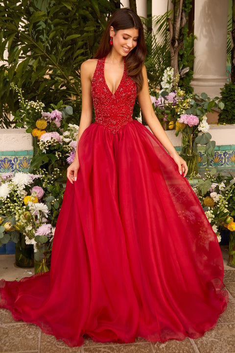 Ava Presley 47425 - Embellished Halter Neck Flowing Ball Gown