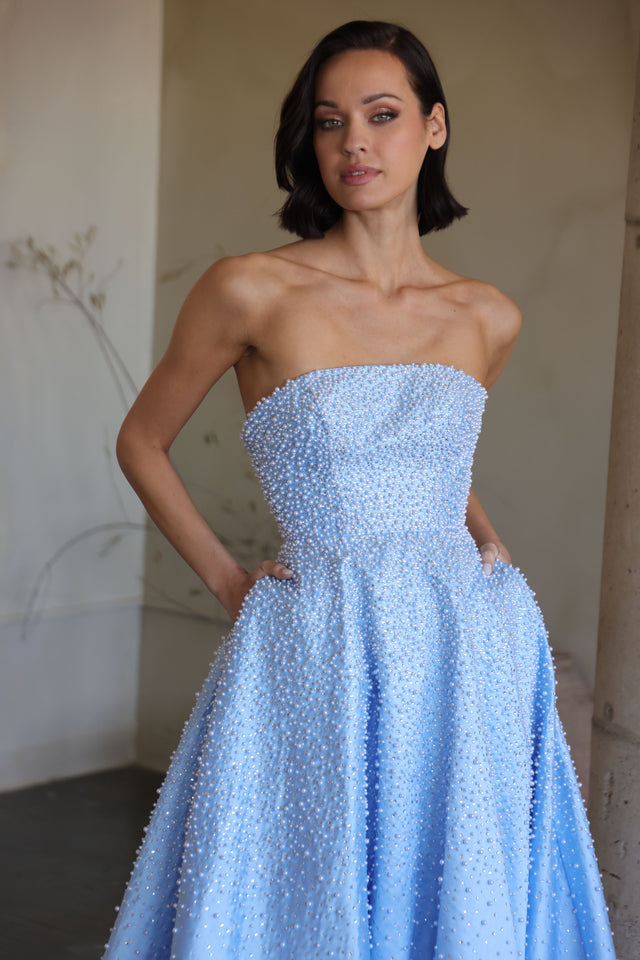 Ava Presley 42500 Strapless A Line Gown with Pearls