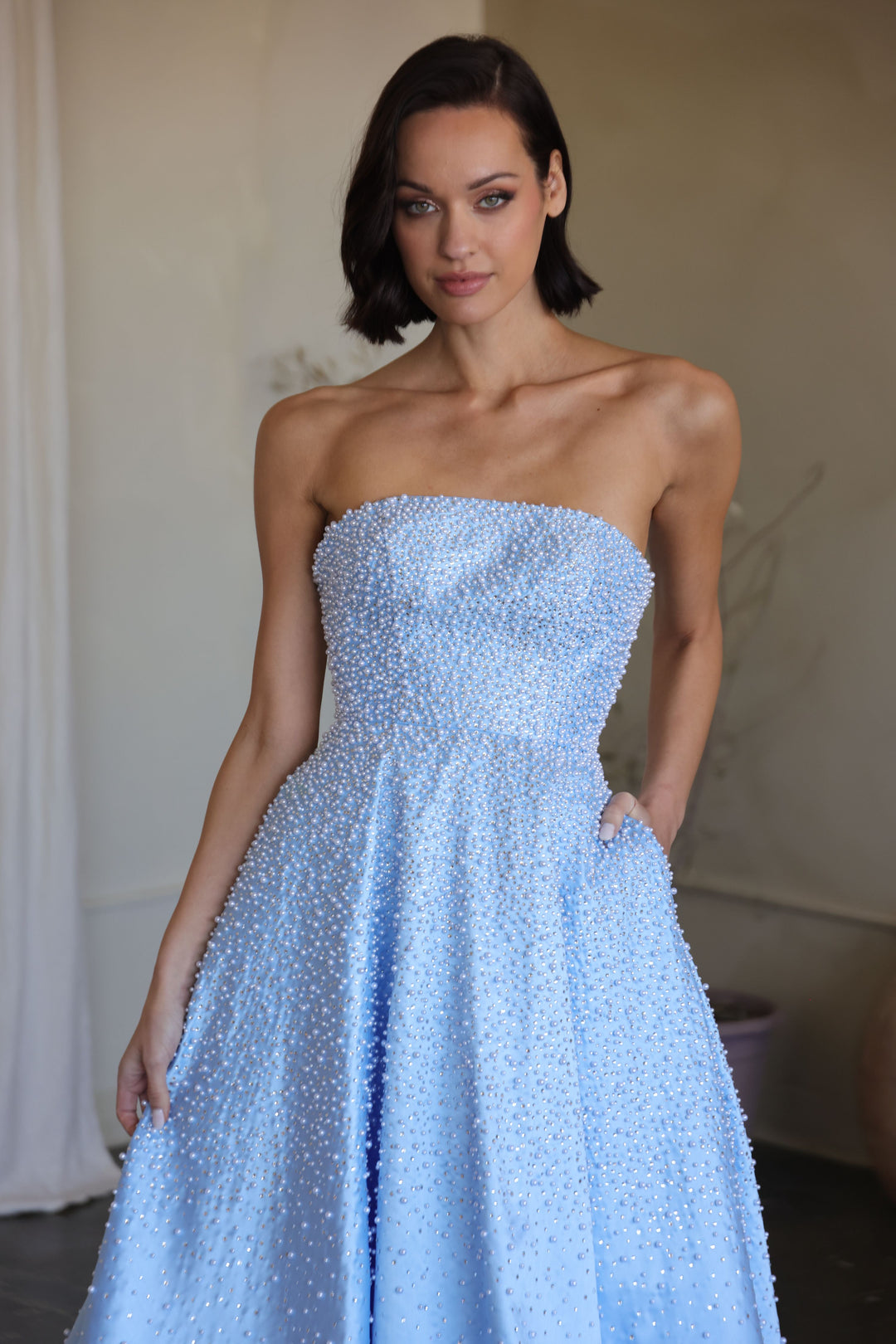 Ava Presley 42500 Strapless A Line Gown with Pearls